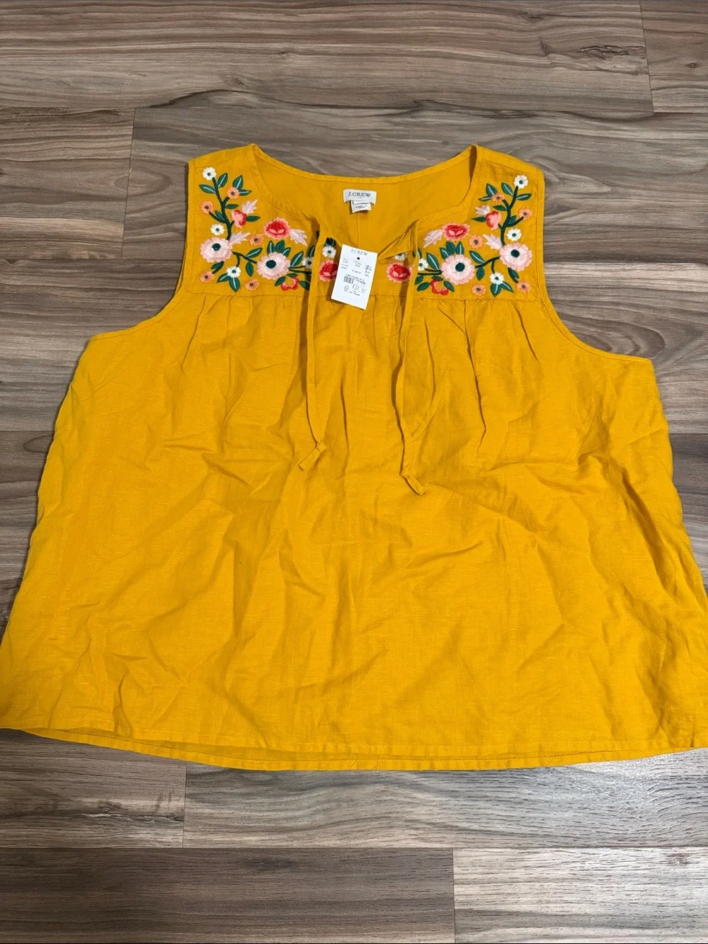 J.Crew Linen Top Sz XXL Yellow Floral Embroidery Sleeveless Tie Cottage Boho NWT